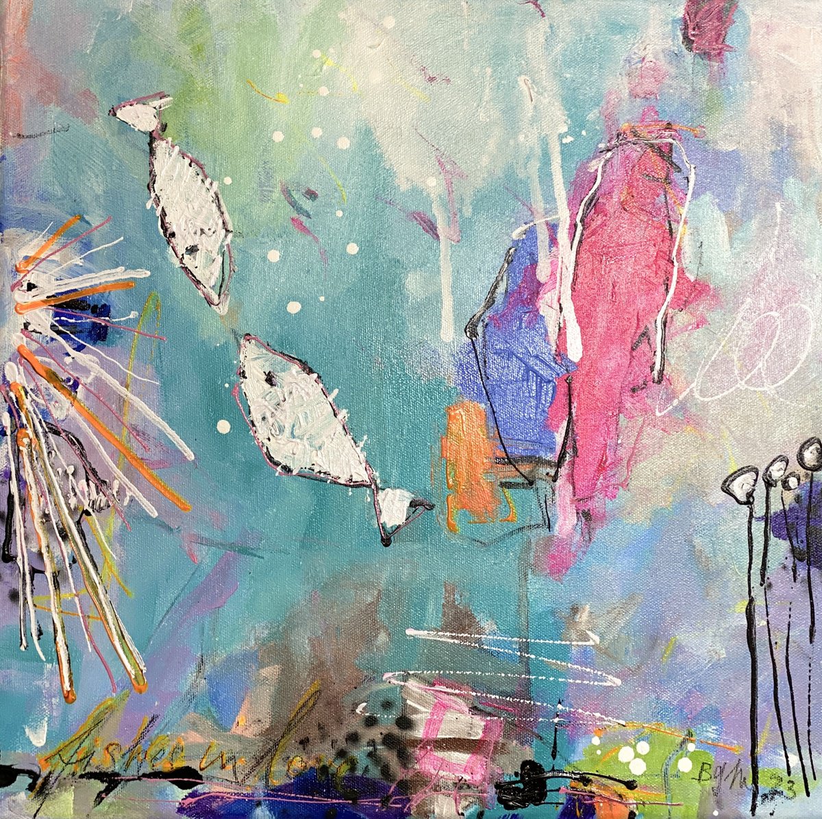 Organic Abstract Acrylic Painting By Bea Schubert, 16 X 16, Fishes In Love No.5, Original Artwork