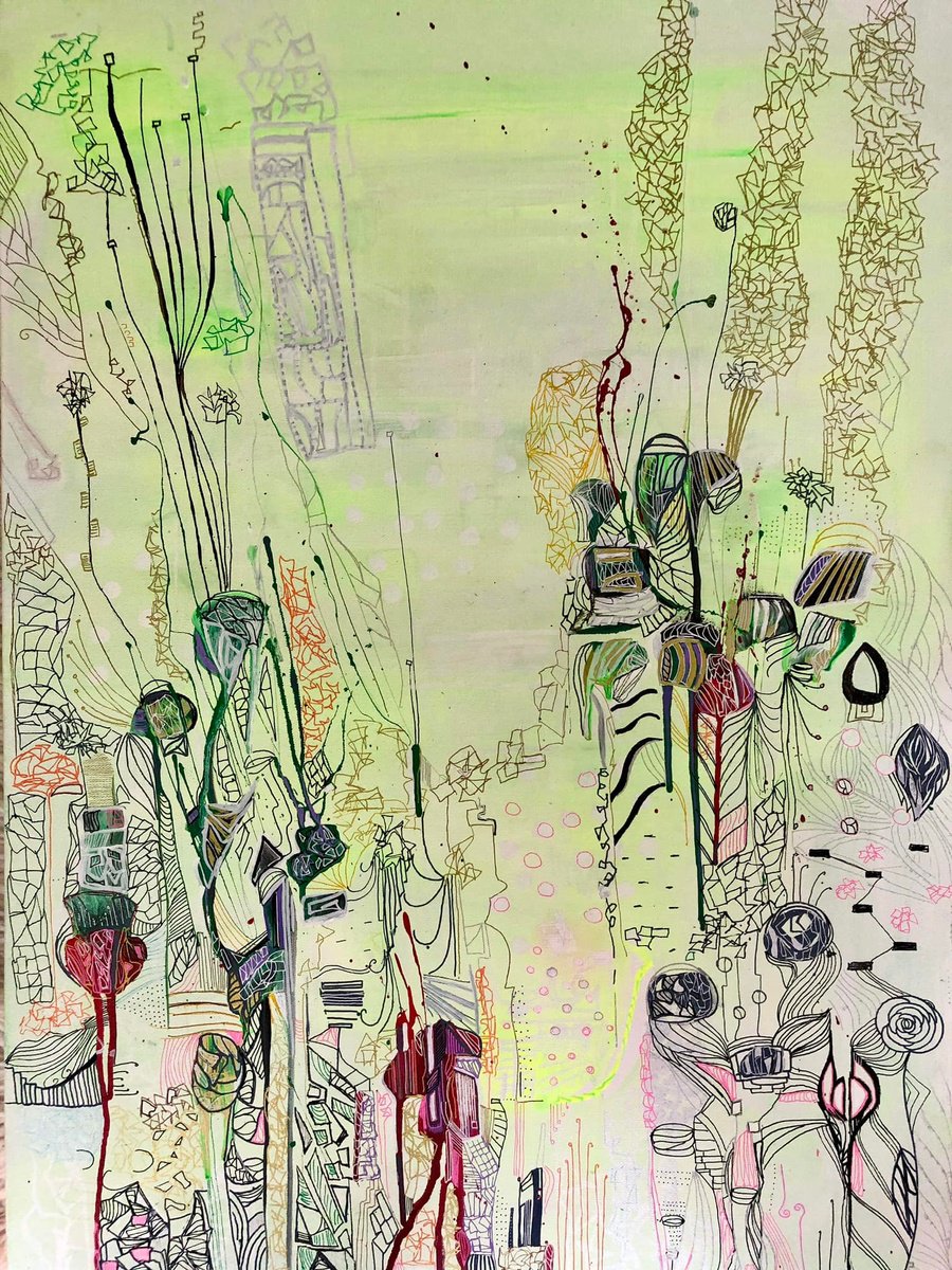 Organic Abstract Acrylic Painting By Samah Kthar, 26 X 36", Sustenance, Original Artwork