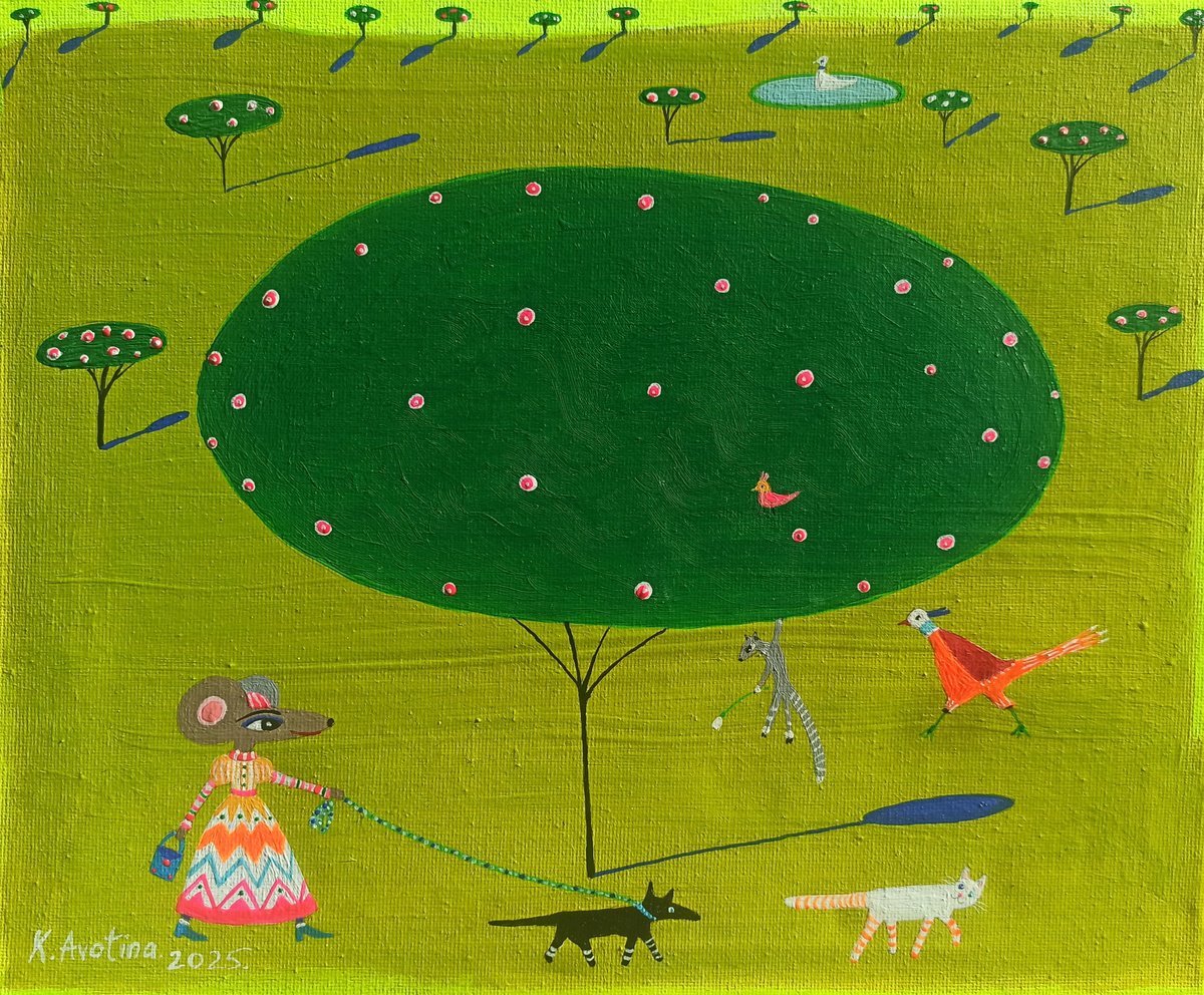 Impressionistic Animal Acrylic Painting By Katrina Avotina, 12 X 10", Chic Mouse & The Garden Gang, Original Artwork