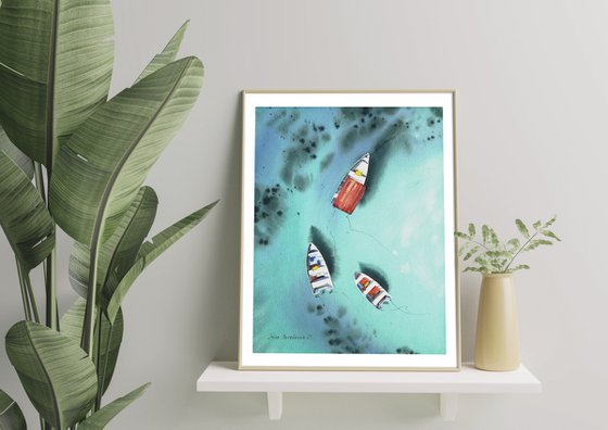 Boats near the reef original watercolor ocean  painting, beach wall art , nautical decor over the bed,