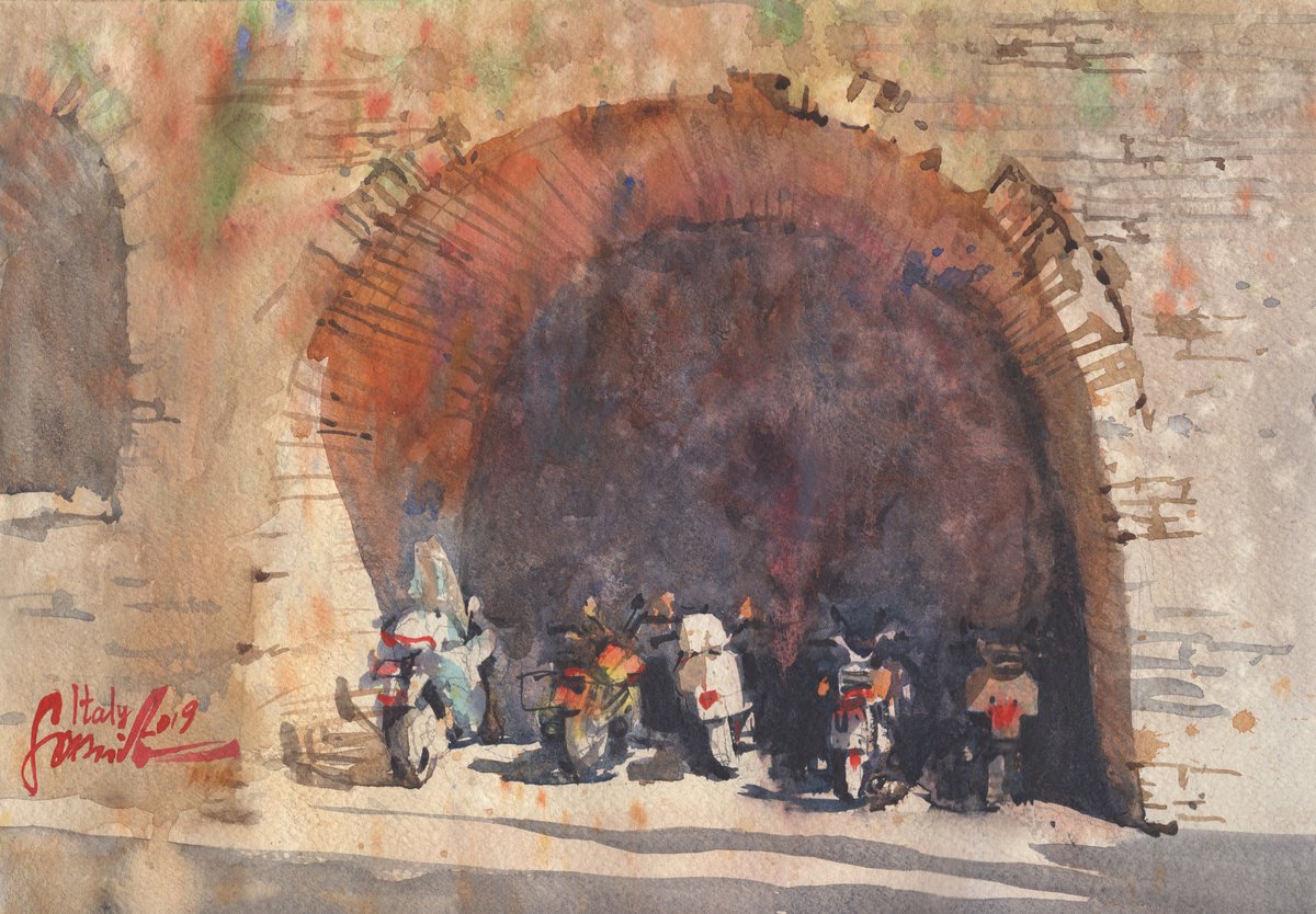 Illustrative Cityscapes Watercolour By Samira Yanushkova, 14 X 10", Rome City Scene Square And Streets, Original Artwork