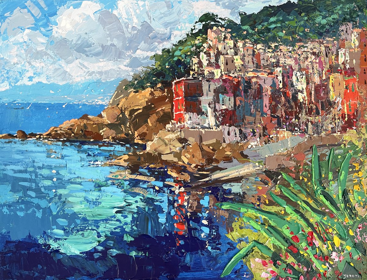 Expressive Landscape Oil Painting By Agostino Veroni, 40 X 30, Riomaggiore - Cinque Terre, Original Artwork