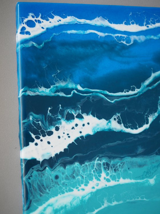 Ocean - original seascape resin artwork on board, turquoise waves, realistic foam