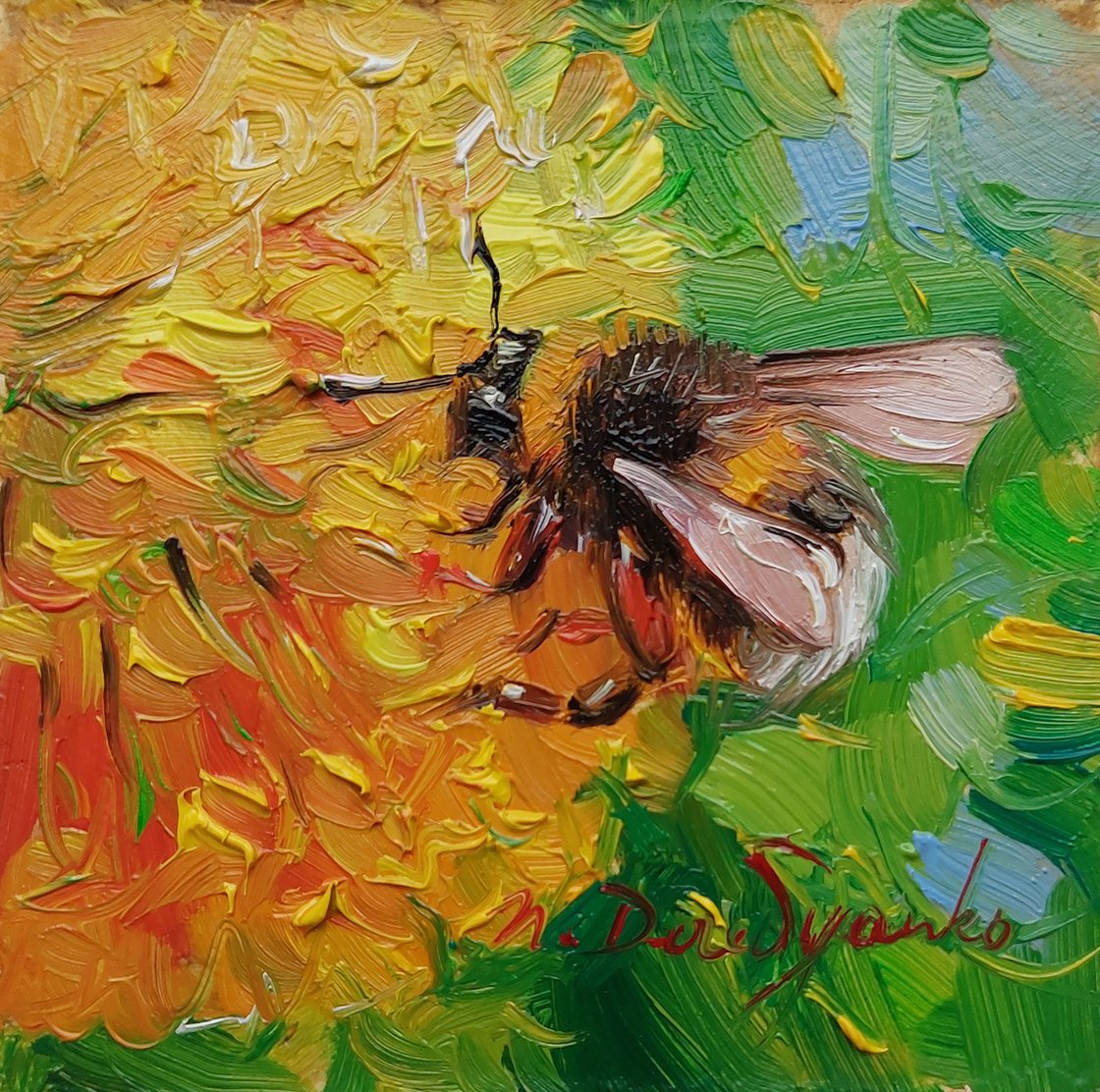 Bumblebee painting original 3x3 Bumble bee art tiny oil painting