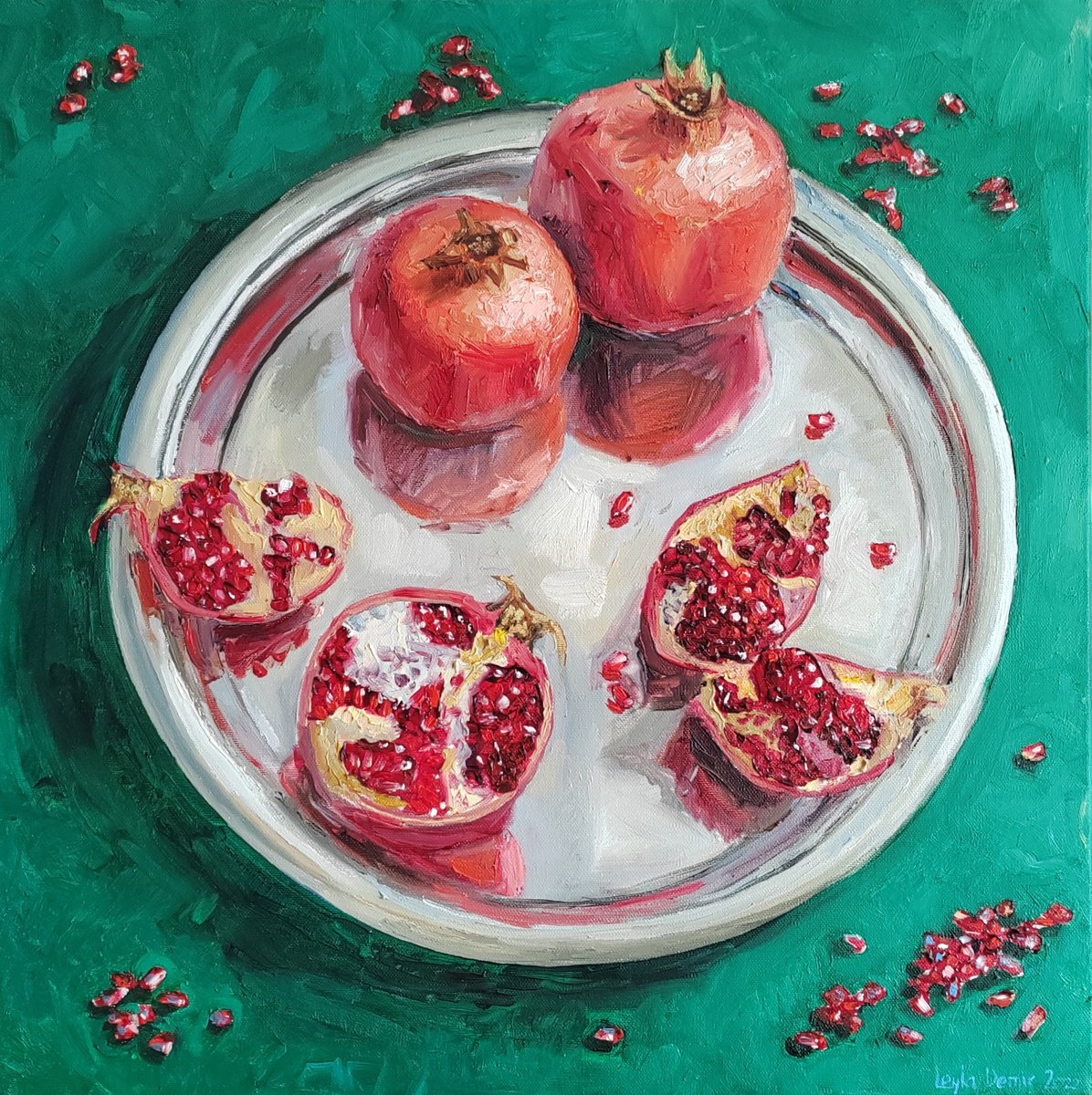 Impressionistic Still Life Oil Painting By Leyla Demir, 20 X 20", Pomegranates Slices And Seeds, Original Artwork