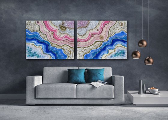 Pink Blue Agate XXL 80 x 200 cm. Diptych Geode Art, wall art, Resin art, Resin painting, Modern art