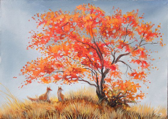 Foxes Painting, Animal Art, Couple Of Foxes