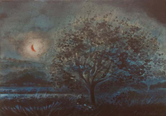 Pink Moon on a Blue Night; ready to hang landscape