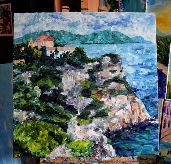 Greece island seascape large oil painting on canvas, monastery on mountain, coastal home decor