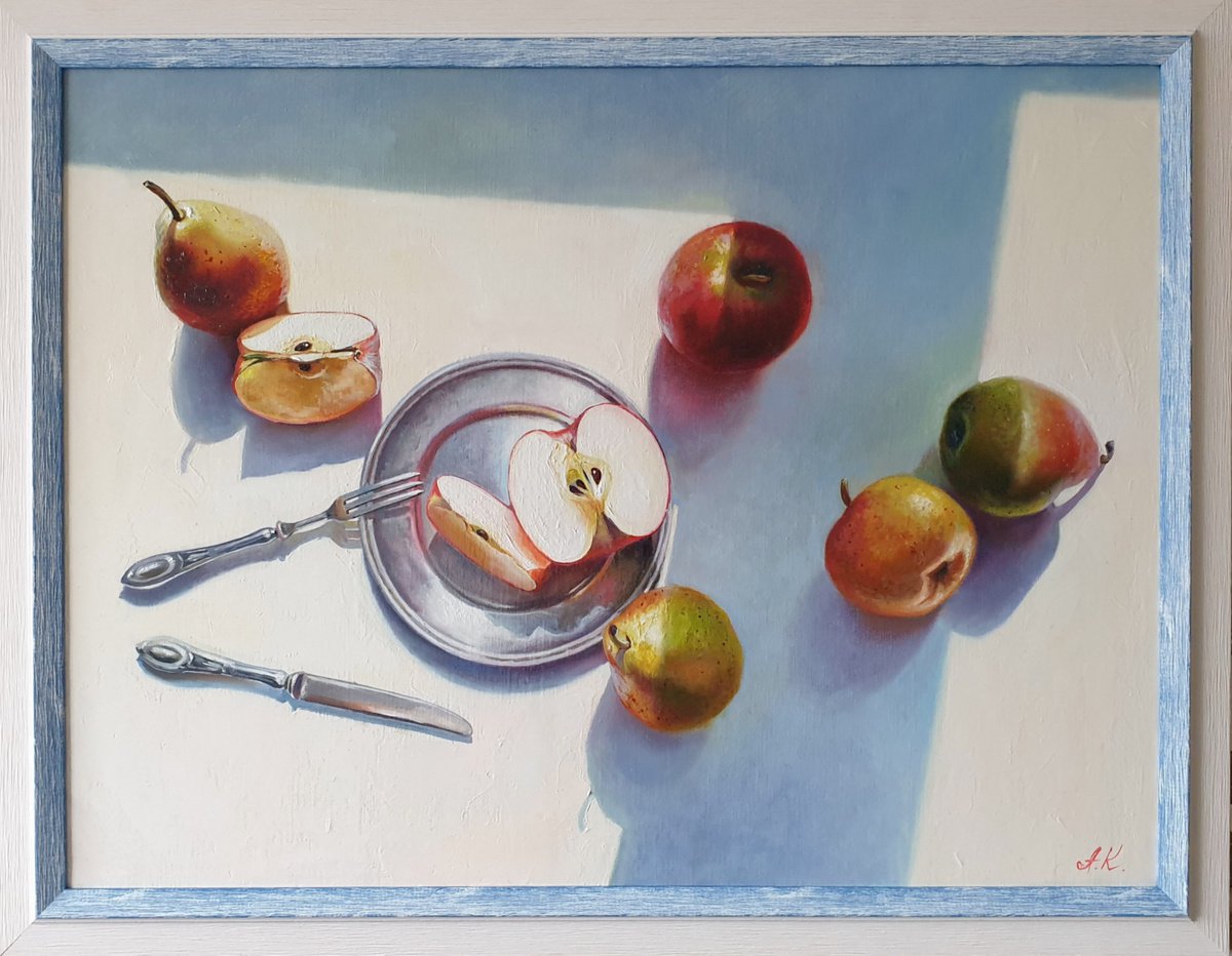Apples and pears. still life summer grape pear white liGHt original painting GIFT (20... by Anna Kotelnik