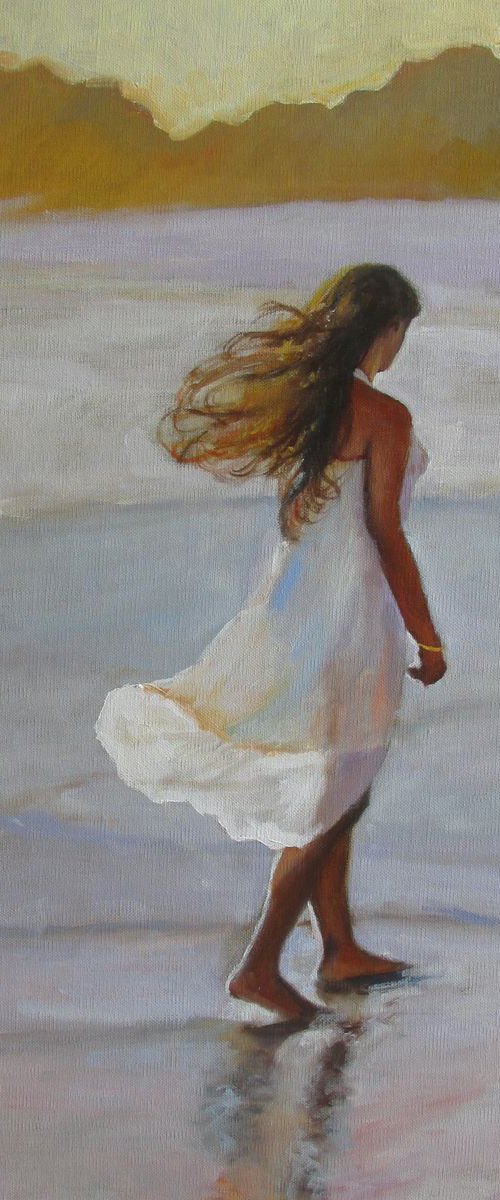 Summer Breeze-Impressionist beach figure oil painting. 45x61cm. by Jackie Smith