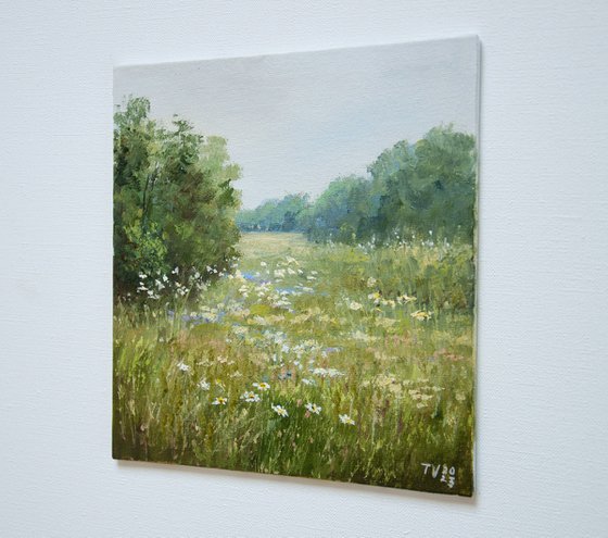 Summer Meadows. Oil painting. Original Art. Nature landscape. 8 x 8