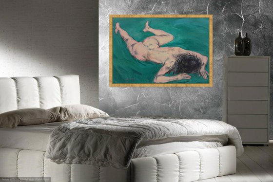 CARTURED BY DREAMS - nude art, original painting, oil on canvas, large abstract painting, green nude girl, interior art home decor, bed room art