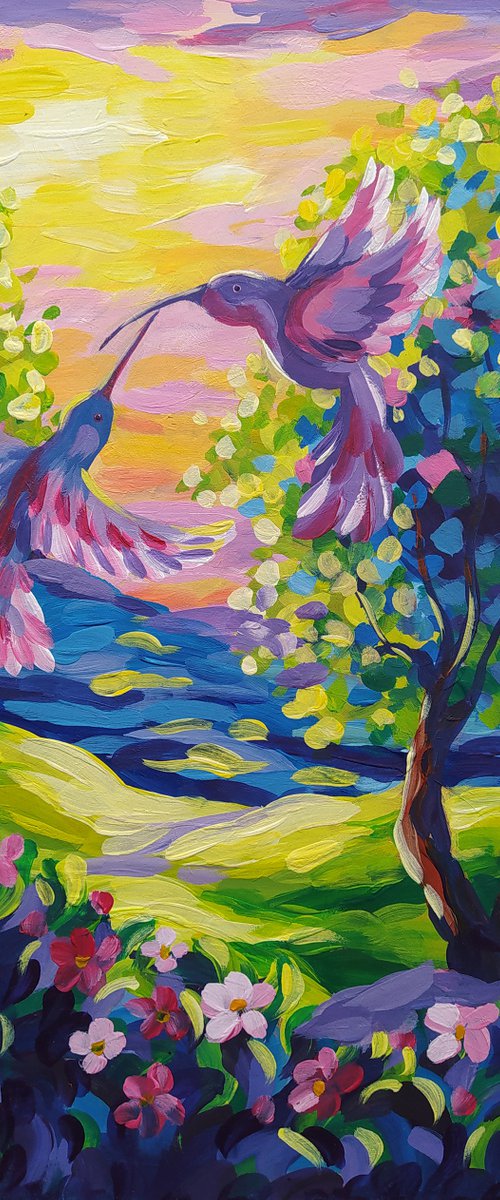 Peaceful time - acrylic, sunset, flowers, landscape, trees, forest, painting, landscape art, trees acrylic painting, birds, birds in love, painting, landscape painting by Anastasia Kozorez