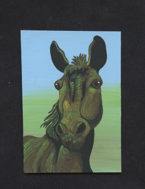 ACEO ATC Original Miniature Painting Donkey Burro Mule Farmyard Art-Carla Smale