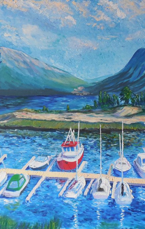 Port and mountain landscape. Large painting by Dmitry Fedorov