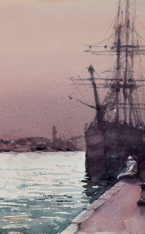 Venice sunset  with old sailship by Goran Žigolić Watercolors