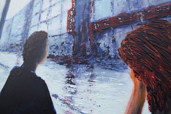 Waiting for  The Rain to stop.....LARGE Cityscape Palette Knife Painting Gift Valentines day