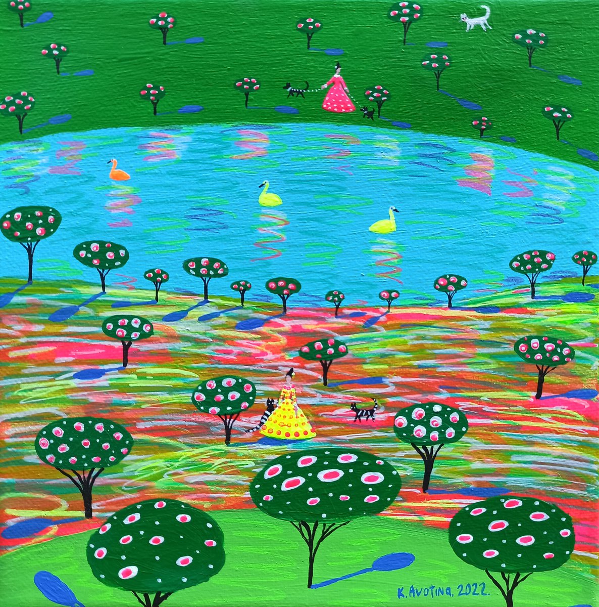 Impressionistic Landscape Acrylic Painting By Katrina Avotina, 8 X 8", Stay Close To Me, Original Artwork