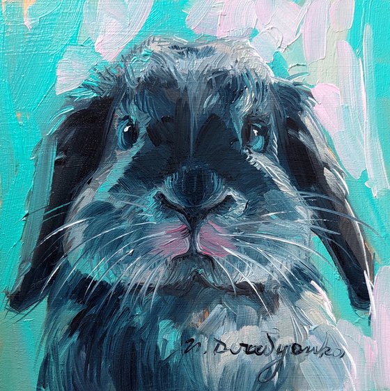 Cute rabbit painting original oil framed 4x4, Small framed art Gray rabbit artwork turquoise background