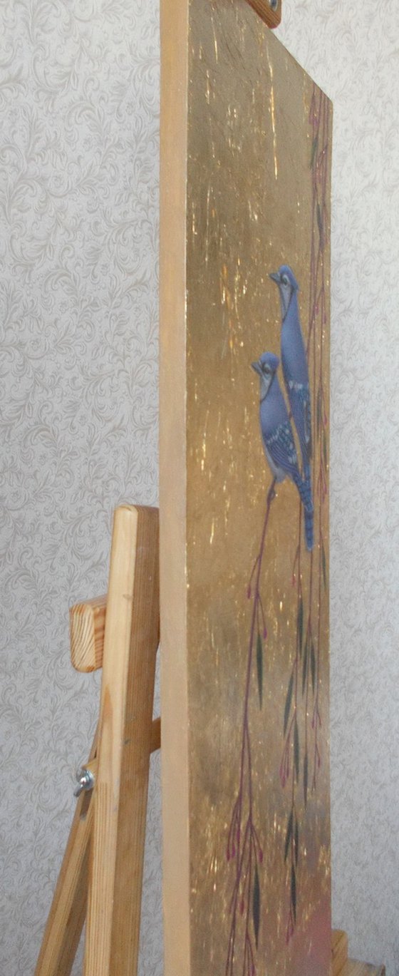 bird painting "Blue jays on the branches of a flowering tree"
