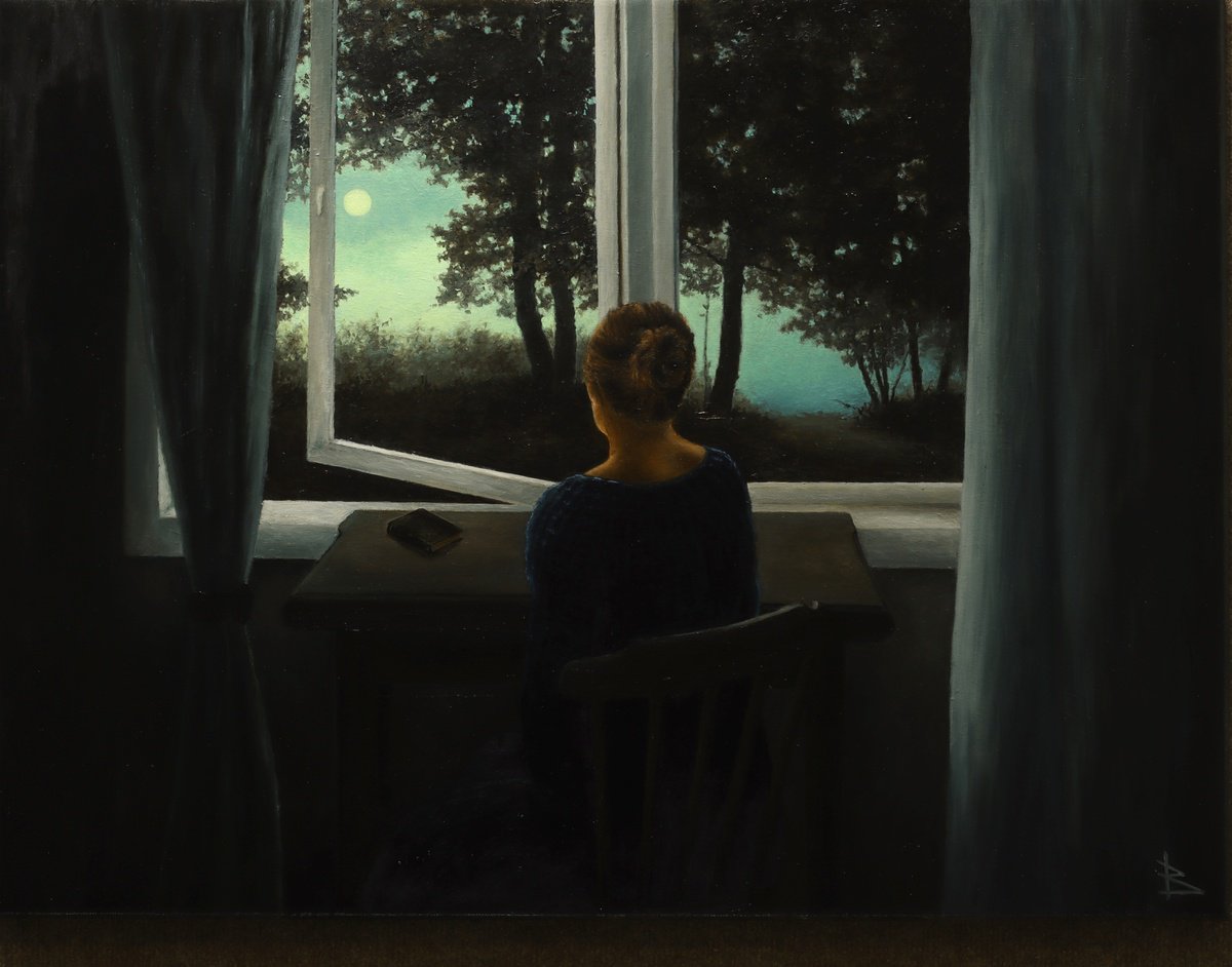 Impressionistic Portrait Oil Painting By Oleg Baulin, 31 X 24", The Closed Book, Original Artwork