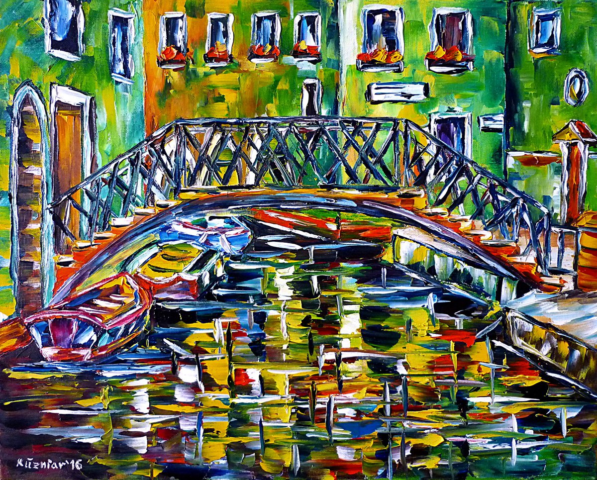 Expressive Cityscapes Oil Painting By Mirek Kuzniar, 20 X 16", Venice At Night, Original Artwork