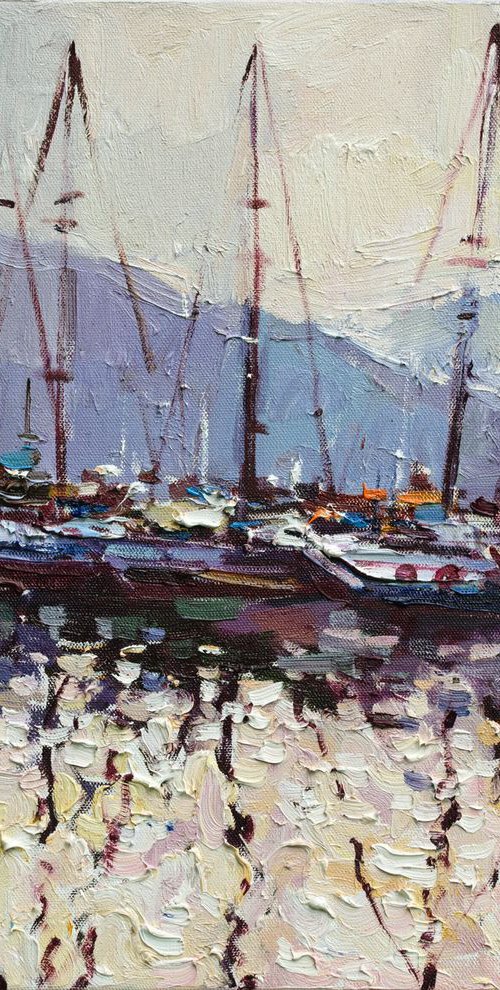 Sailing yachts in marina at sunset Original seascape painting by Anastasiia Valiulina