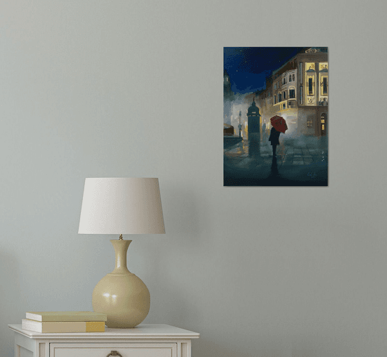 Night in the city with a red umbrella painting