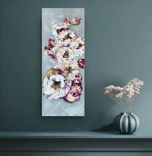 White Pink Gentle abstract flowers on grey background by Marina Skromova