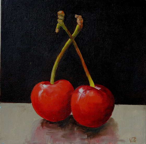 First cherries of this summer. Still life, 25x25cm
