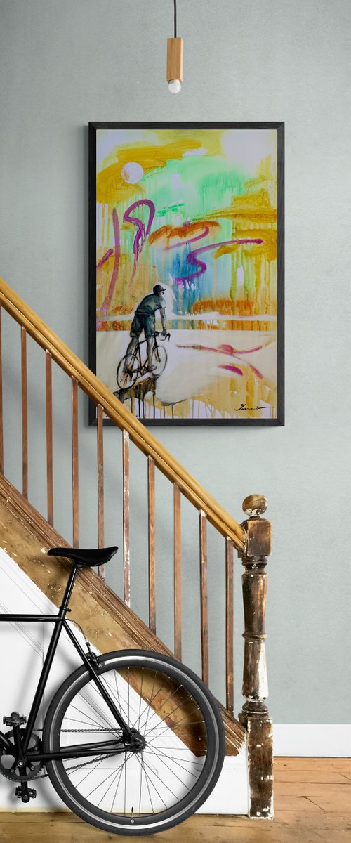 Bright painting - "Bicyclist" - Pop Art - Street Art - Bike - Cyclist - Street - City by Yaroslav Yasenev