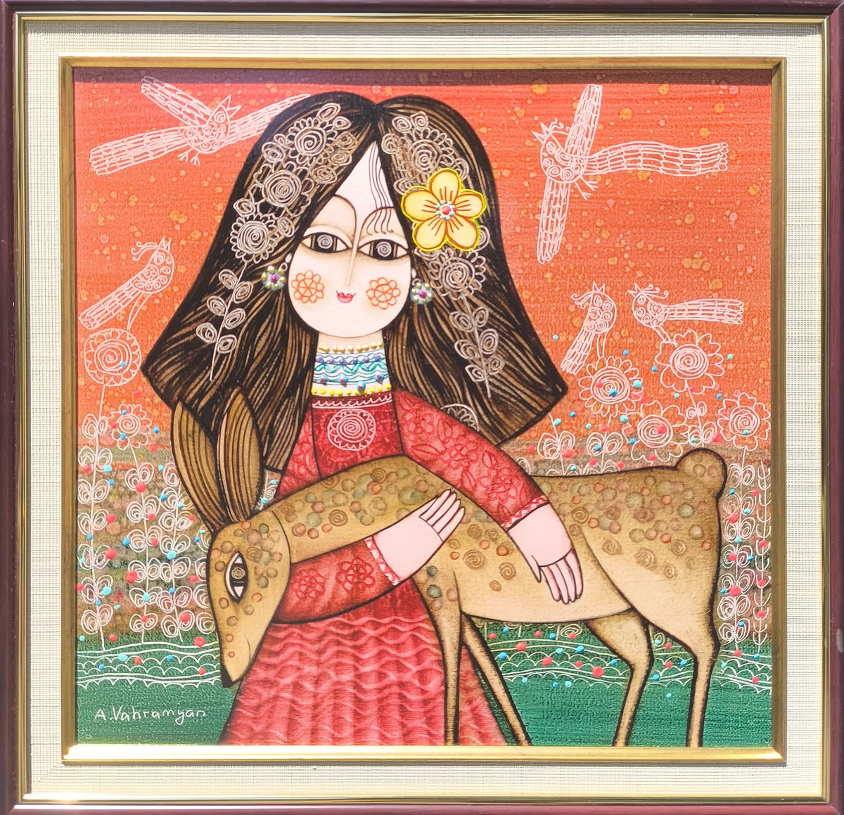 Naive Portrait Oil Painting By Armen Vahramyan, 18 X 18, Embrace Of Innocence, Original Artwork