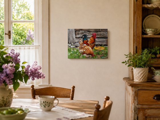 Rooster and Hen in Barnyard