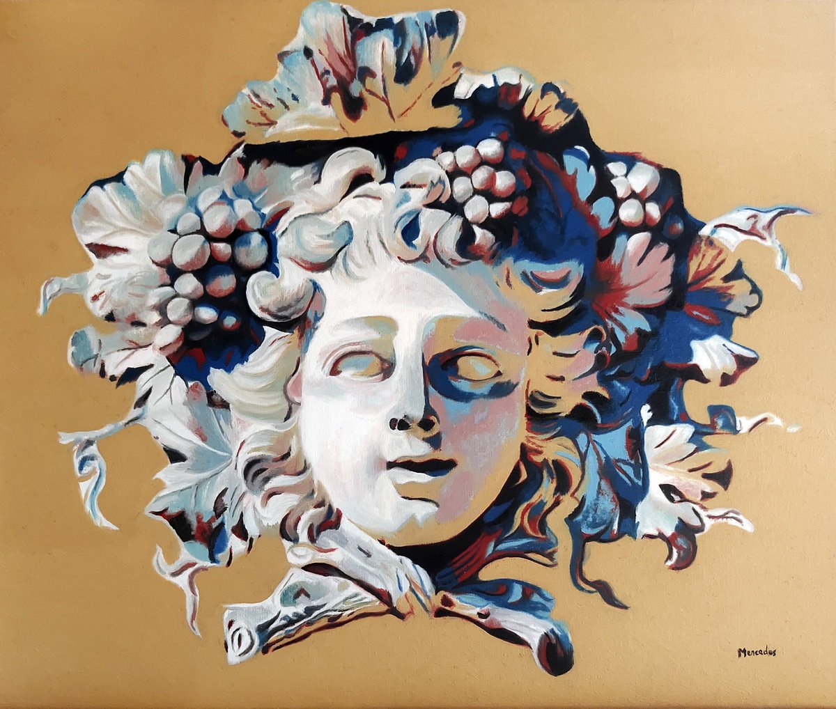 Urban And Pop Cityscapes Oil Painting By Mercedes Soret, 22 X 18", Mascaron Of Bacchus, Original Artwork