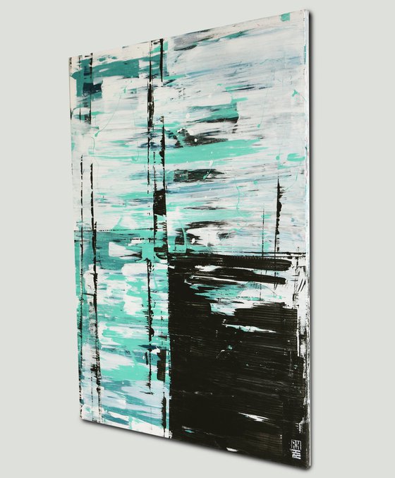 Vertical Acrylic - Static Turquoise in White - Abstract Painting - Ronald Hunter - 05J