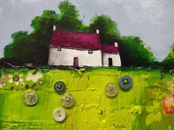 Little houses on green patchwork Field Textured Landscape