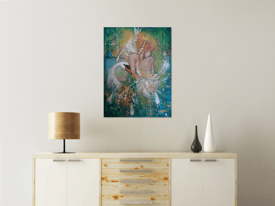 "Leda and the swan", original Mixed Media painting, 80x60x2cm