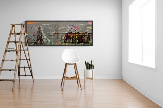 Big painting - "Amsterdam" - Girl - Bikes - Bicycle - Diptych - Pop Art - Urban