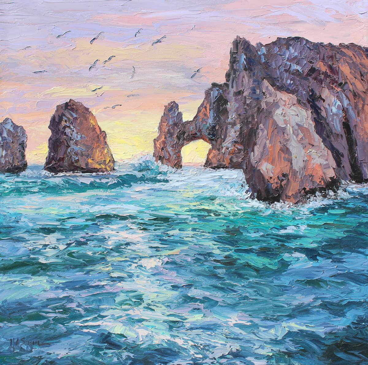Impressionistic Landscape Oil Painting By Kristen Olson Stone, 20 X 20", Soaring Over Cabo San Lucas, Original Artwork