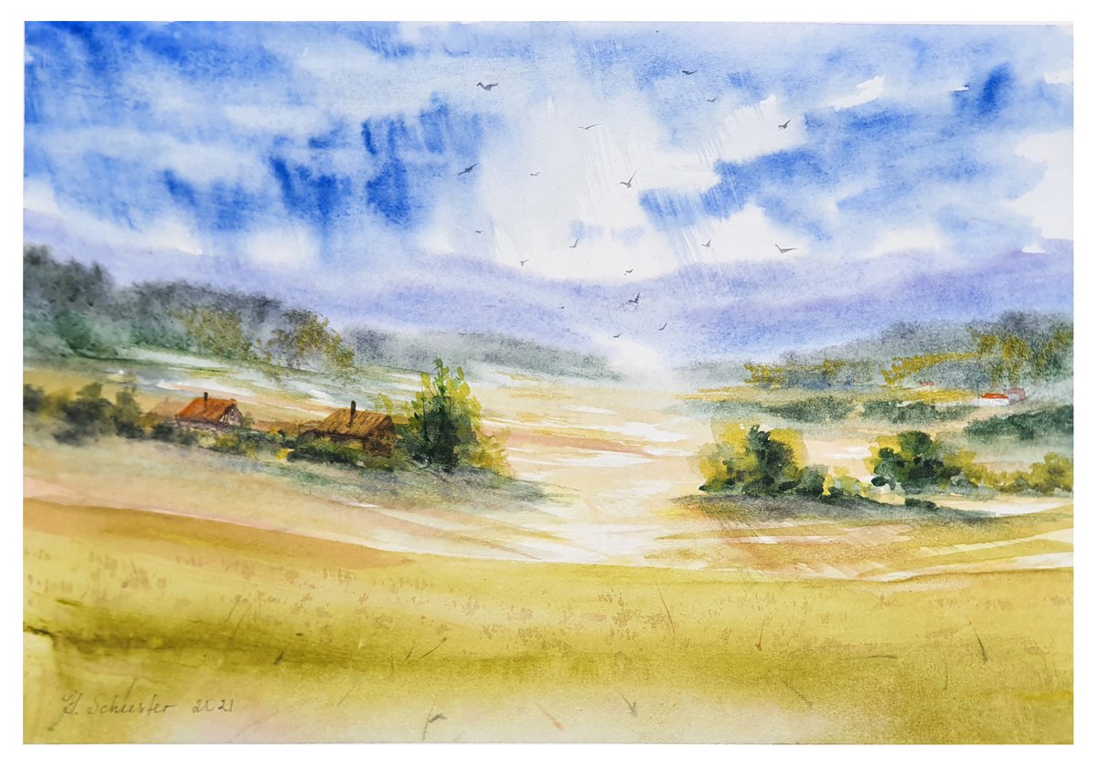 Impressionistic Landscape Watercolour By Yulia Schuster, 12 X 8", Road To Heaven, Original Artwork