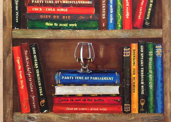 Bookshelf with beverages