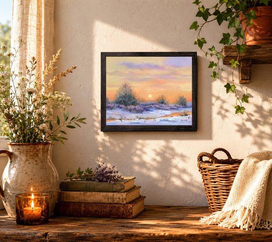 Snowy river at winter dawn