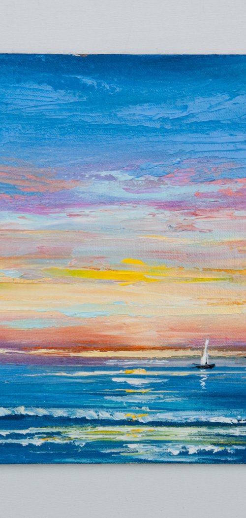 Ocean. Sunset. Oil painting. 6 x 6in. by Tetiana Vysochynska