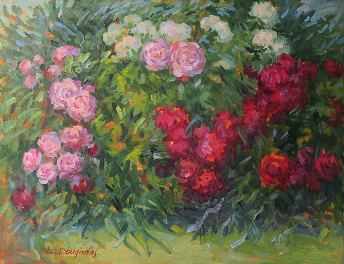 Impressionistic Botanical Oil Painting By Liudvikas Daugirdas, 31 X 24", Peonies In Bloom, Original Artwork