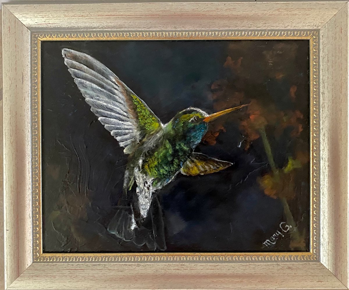 Astonishing Hovering Hummingbird Original Oil Painting 8x10 framed by Mary Gullette