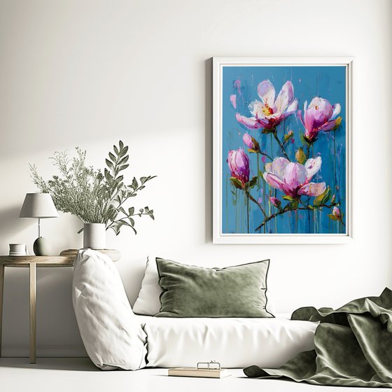 Magnolia on Turquoise Blue
