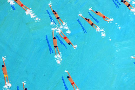 Swimmers 382 Swimmers over blue and green calm sea Painting by Ruben Abstract