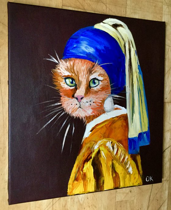 Cat with the pearl earring inspired by Vermeer painting feline art for ...