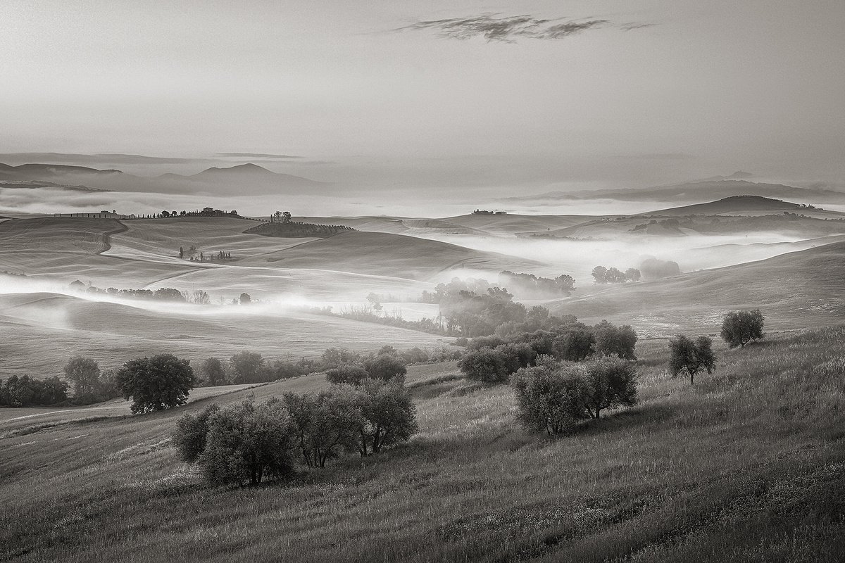 Photorealistic Landscape Photograph By Peter Zelei, 39 X 28", Fog River In Tuscany, Original Artwork